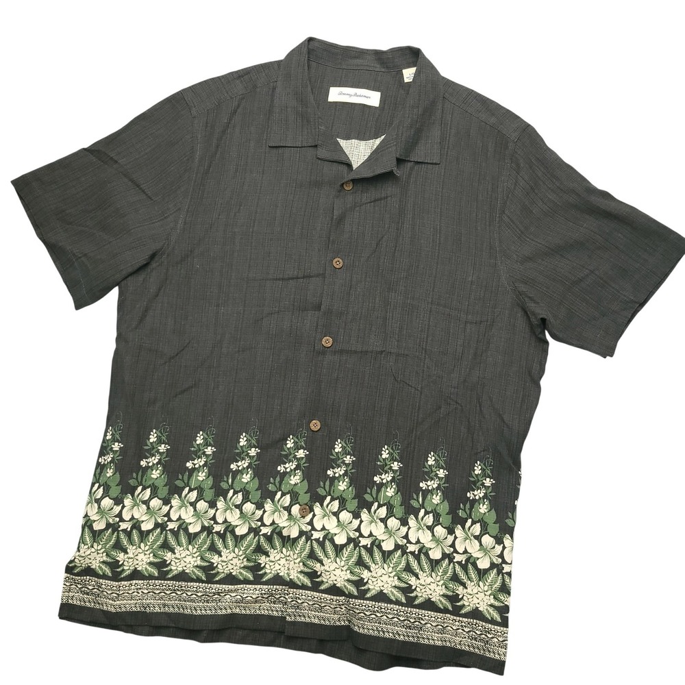 Tommy Bahama Shirt Mens Large Black Floral Hawaiian Short Sleeve Silk Button Up